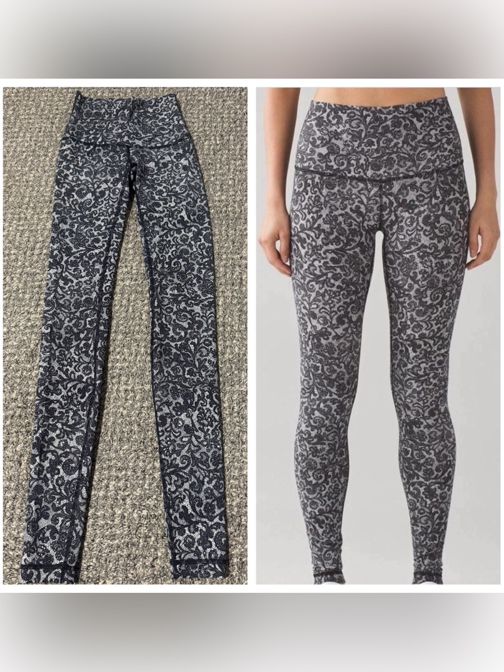EUC, Lululemon Black & White Lace Print Wunder Under Leggings, High Rise